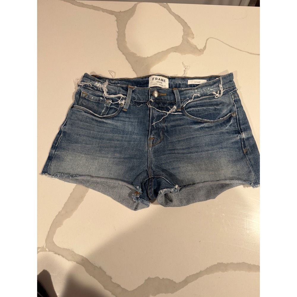 FRAME Denim Le Cutoff‎ Raw Waist Distressed Jean Shorts Medium Wash Size 26